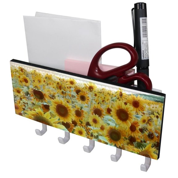 PhooArto Key Holder for Wall Decorative with 5 Key Hooks, Yellow Floral Sunflowers Field Holders Wall Mount Organizer with Mail Key Rack, Self Adhesive