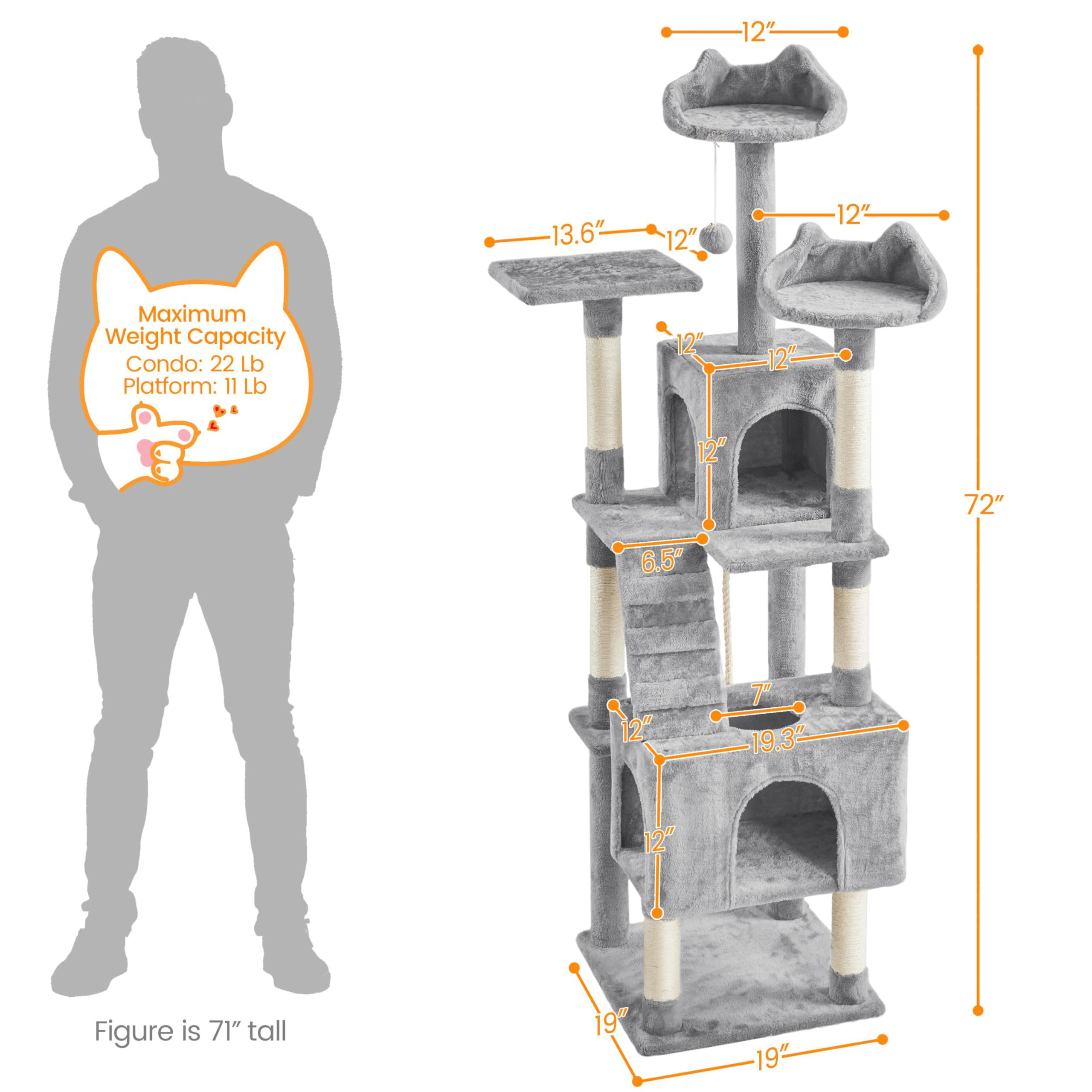 XL Cat Tree Tower with 2 Cozy Caves, 3 Perches, Scratching Posts, Board, Dangling Ball, Multi-Level Playhouse for Kittens and Adult Cats, Light Gray