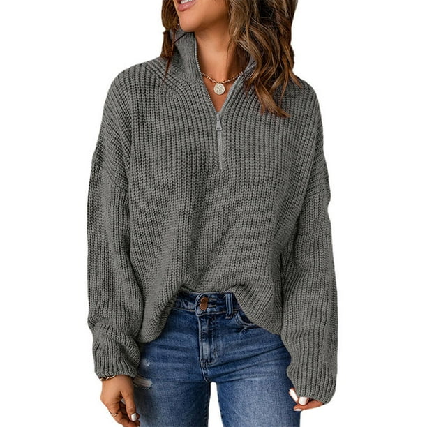 Suéter de mujer, elegante suéter de punto con cremallera, suéter de cuello alto para mujer, otoño, suéter de punto grueso para mujer, suéter de invierno, suéter de punto casual, suéter