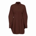 thumbnail image 3 of Womens Button Up Long Sleeve Mini T Shirt Dress Lapel Collar Pleated Flared Short Dresses Brown L, 3 of 9