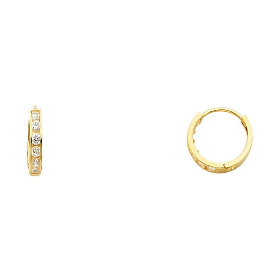 CZ Huggie Hoop Earrings Solid 14k Yellow Gold Huggies Round CZ Pave Set Polished Finish Small 11 mm
