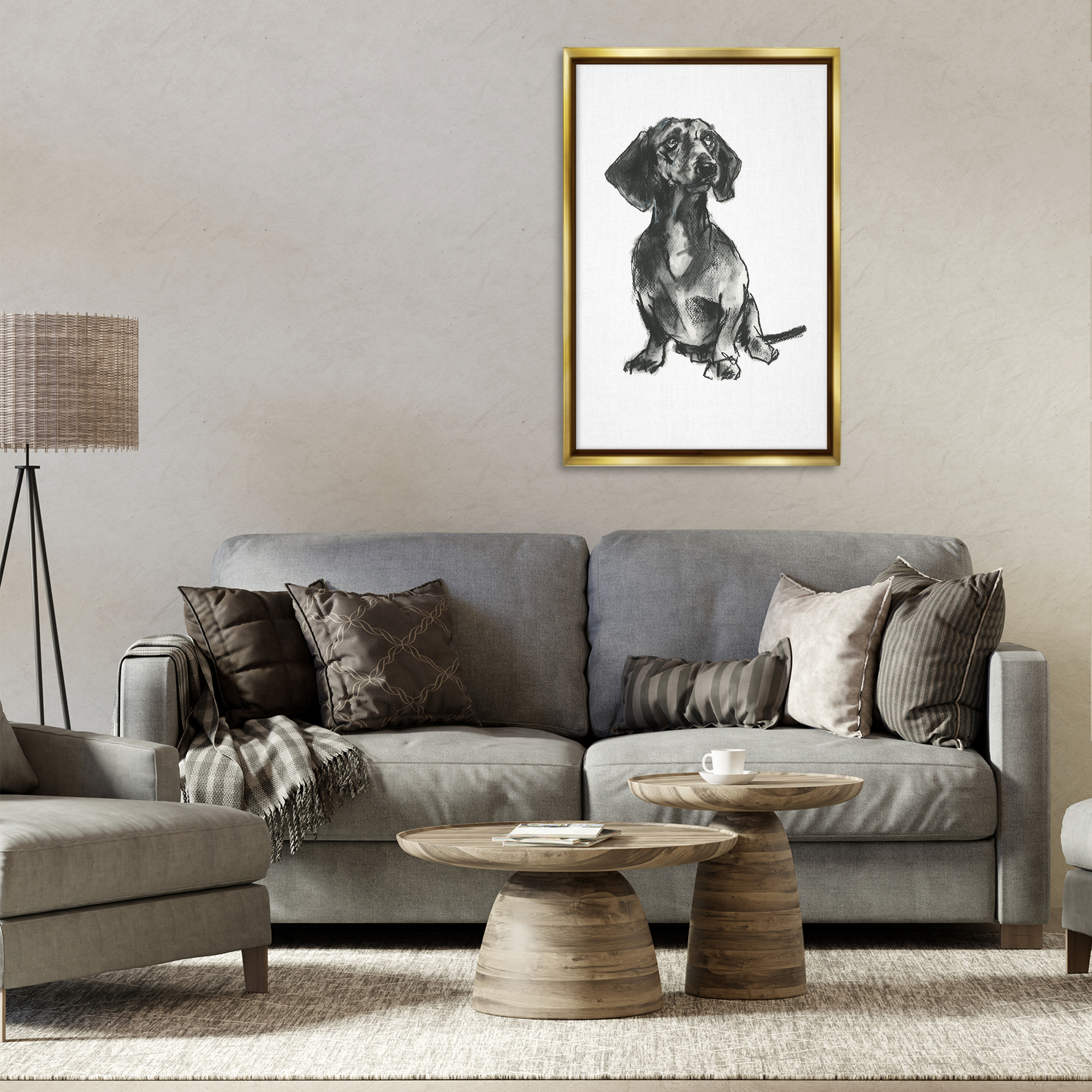 Stupell Industries Dachshund Sitting Drawing Animals & Insects Drawing Gold Floater Framed Canvas Art Print Wall Art, 21 x 31