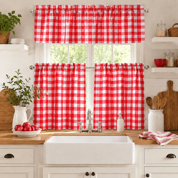 Cafe Curtains for Kitchen Windows,Buffalo Plaid Curtains,Kitchen Curtains and Valances Set,Cute Small Semi Sheer Light Filtering Red White Plaid Window Curtains