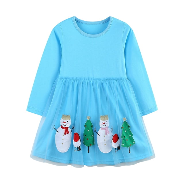 oqasdz Robe de Fille Robe de Fête pour Filles Robe d'Hiver avec Imprimé Bonhomme de Neige Festif Robe Élégante