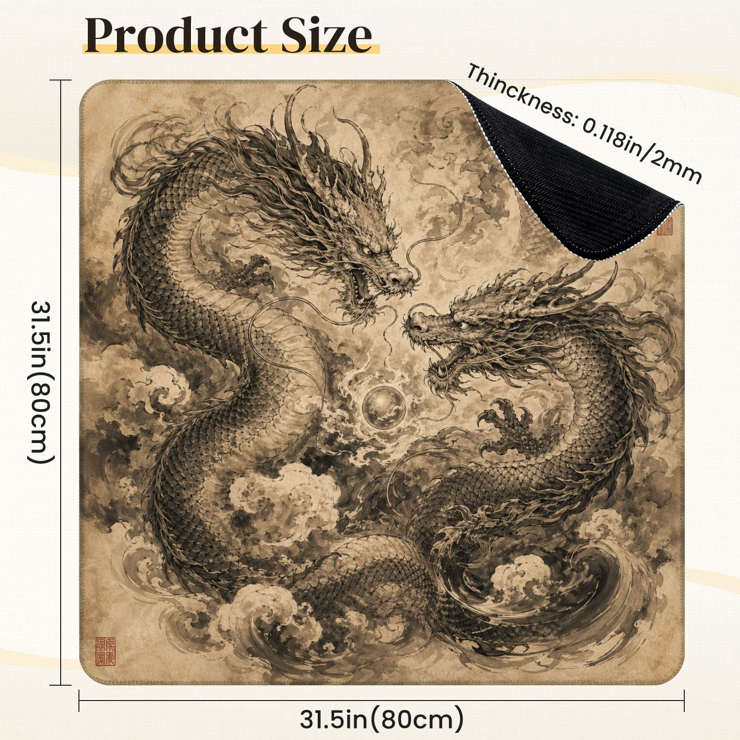 Mahjong Mat 31.5" x 31.5" Chinese Dragon Two Serpentine Dragons Stormy Clouds Monochrome Ink Art Non-Slip Noise Reduction Mahjong Tiles Table Cover for Dominoes Poker Card Board and Tile Games