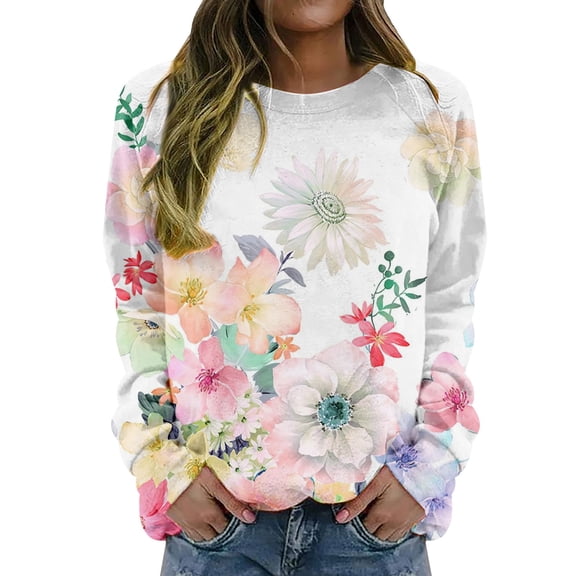 ZICTH Sweatshirt for Women Fall Fashion Casual Crewneck Long Sleeve Pullover Floral Print Sweatshirts Blouses Comfort Colors Sweatshirts
