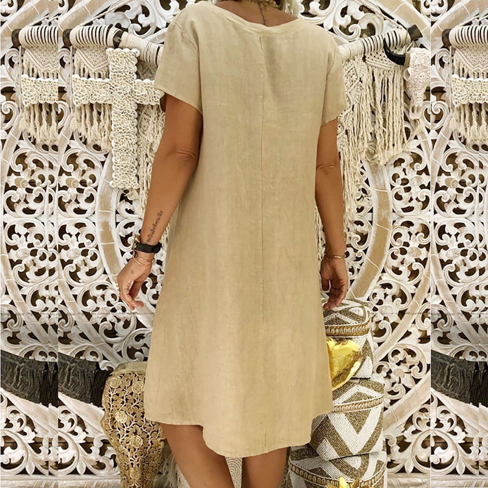 fartey Loose Dress for Women Summer Cotton Linen Short Sleeve V-Neck  T-shirt Dresses Plain Fashion Casual Midi Dress