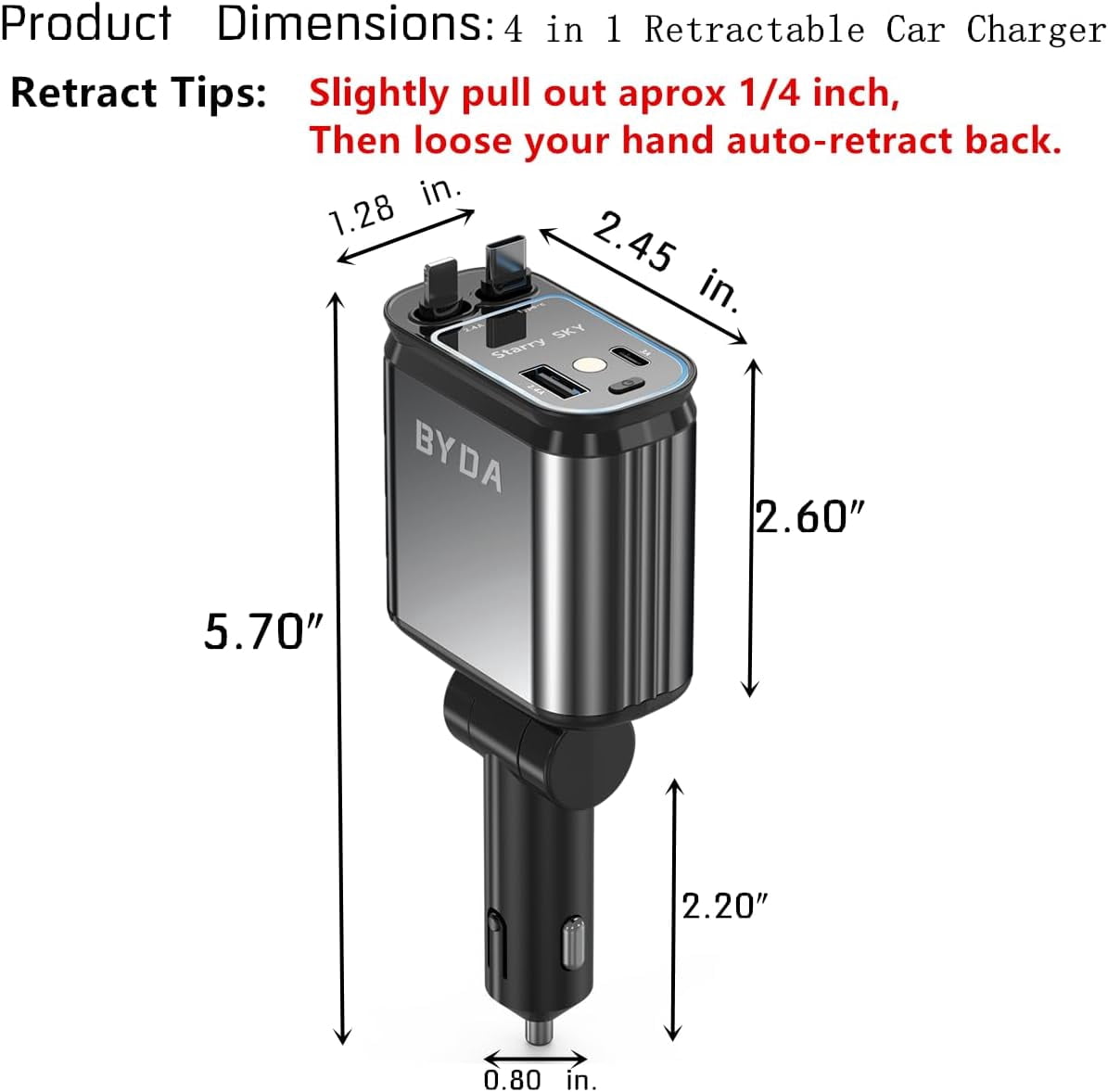 Fast Charger 4 in 1 Retractable Car Charger 69W,USB-C Fast Car Accessories,Compatible with All iPhones All Android Phones (Grey, Lightning+USB-C & No Strarry)