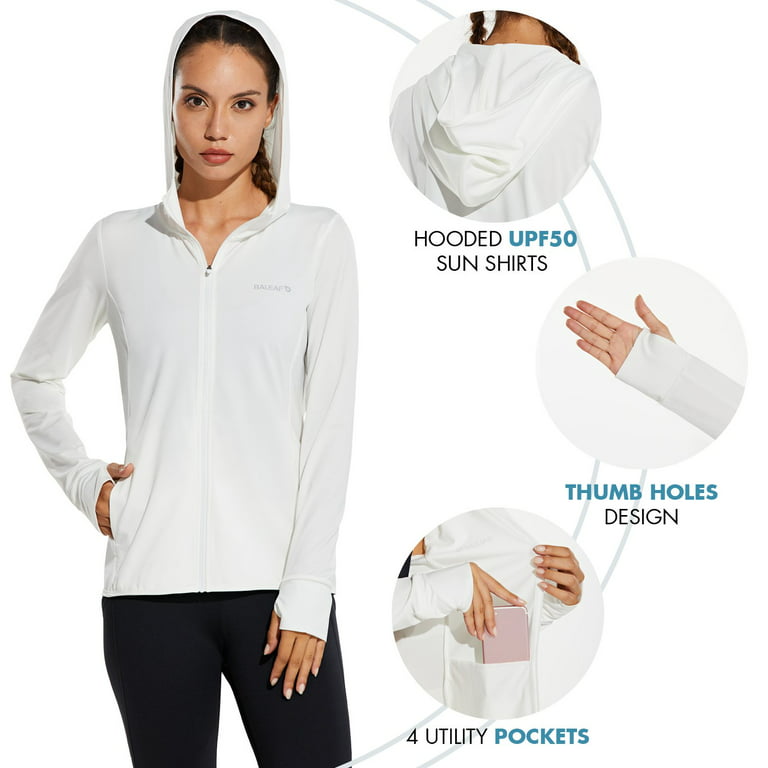 BALEAF Women's Long Sleeve Sun Protection Shirts UPF SPF 50+ Zip Hooded  Jackets Rashguard Light Outdoor White XXL 