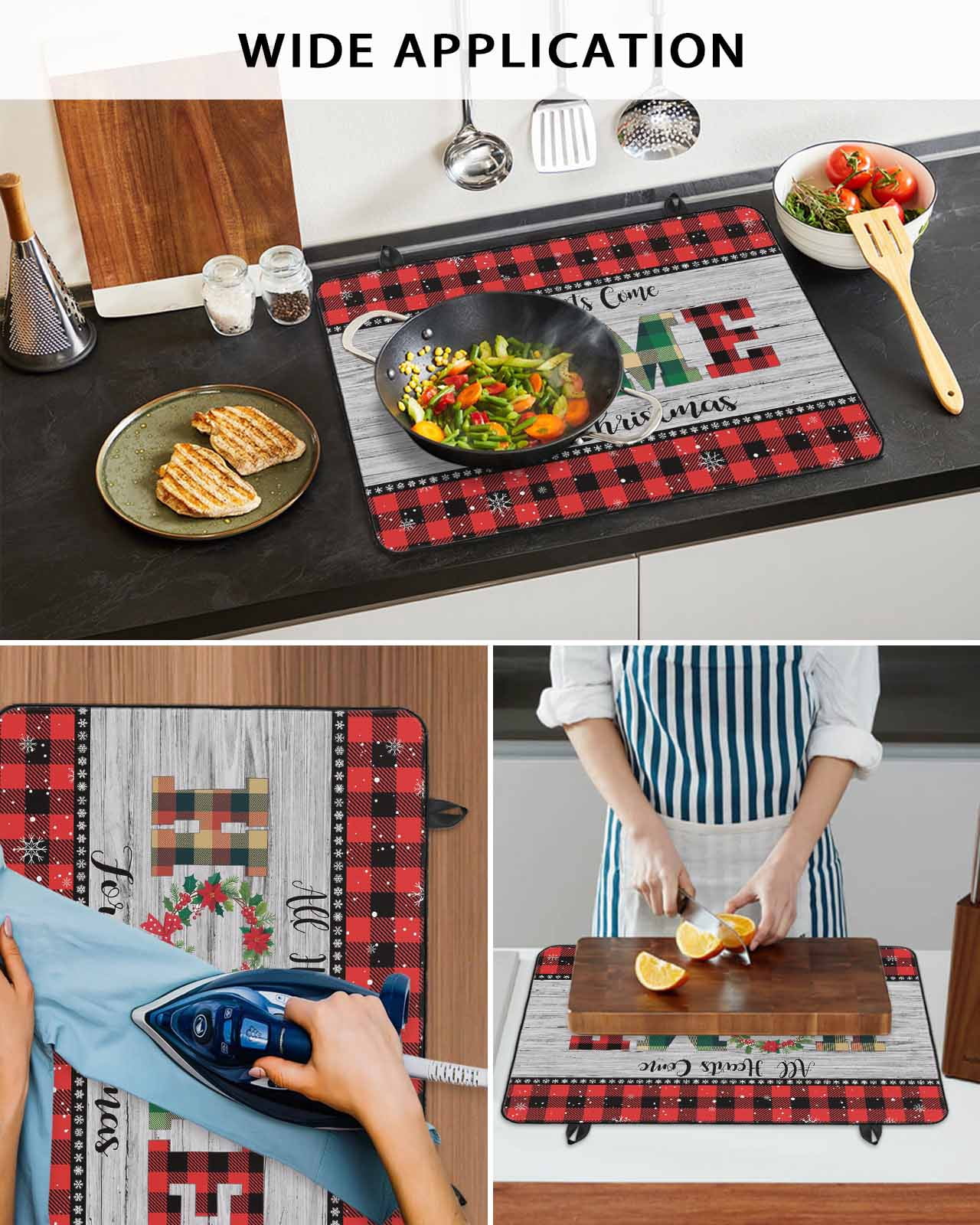 Large Induction Cooktop Protector Mat Christmas Stove Top Covers for Electric Stove, Winter Poinsettia Wooden Grain Red Black Plaid Decorative Stove Burner Cover Mats, Glass Top Stove Cover