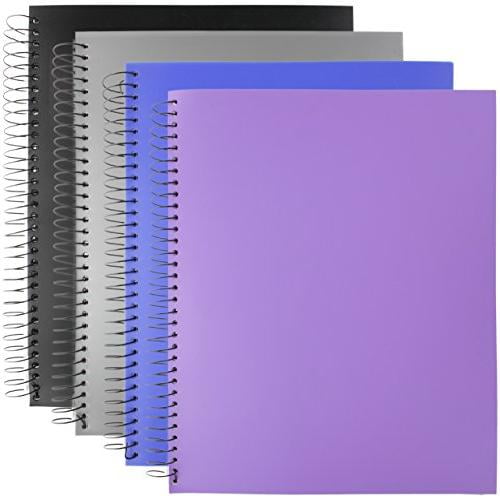 Random 2PK Poly 3 Subject Notebook Spiral w/ 120 Sheets of Wide Ruled WHT Paper with Poly Dividers/Inside Pocket - Set Includes: Black, Purple, Gray and Blue Poly Covers