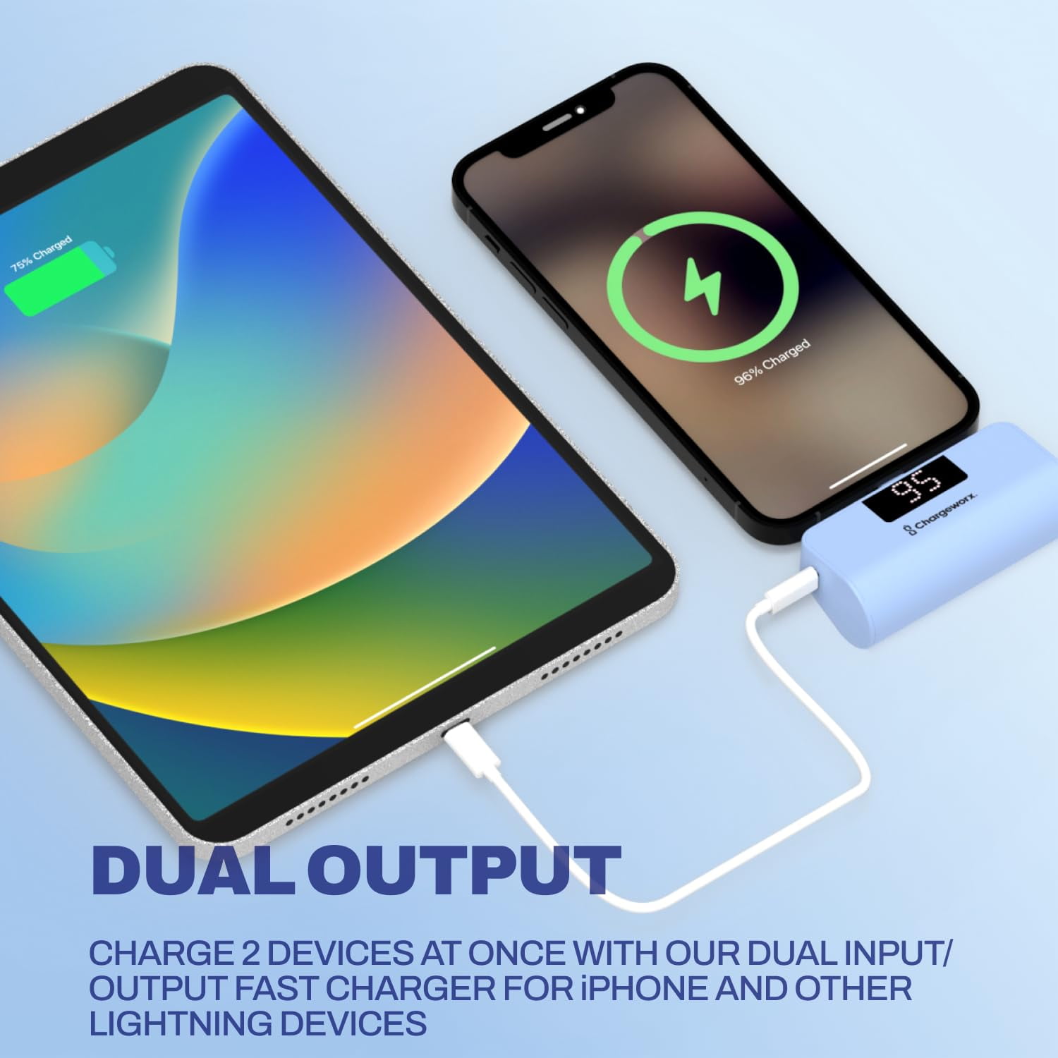 CHARGEWORX Portable Power Bank with LCD Display, Built-in Lightning Connector, Dual Charge Fast Charge Portable Charger 5000mAh, Compatible with iPhone 14, 13, 12 & Older (Coral)