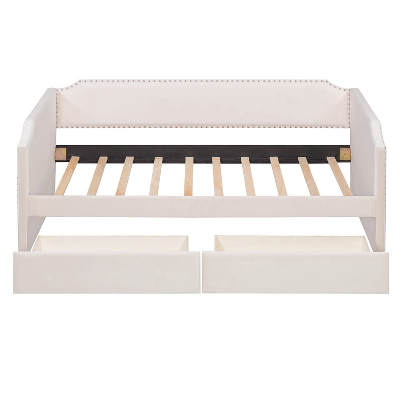 Twin Size Velvet Classic Daybed with 2 Drawers, Upholstered Sofa Bed Frame with Nailhead Trim, Multi-functional Platform Bed