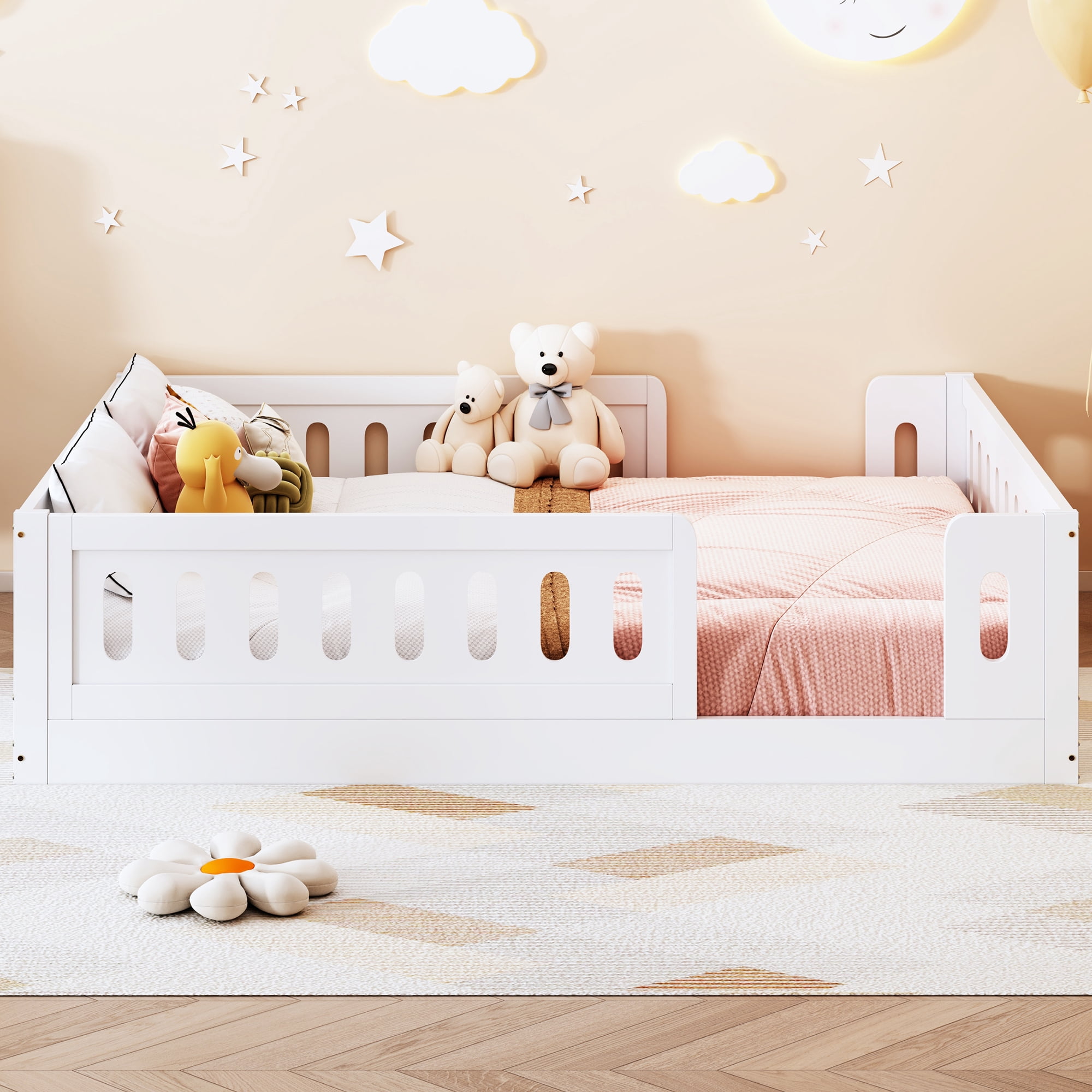 Euroco Solid Wood Full Size Montessori Floor Bed with Safety Guardrail, Low Platform Toddler Bed Frame for Boys & Girls, No Box Spring Needed, White