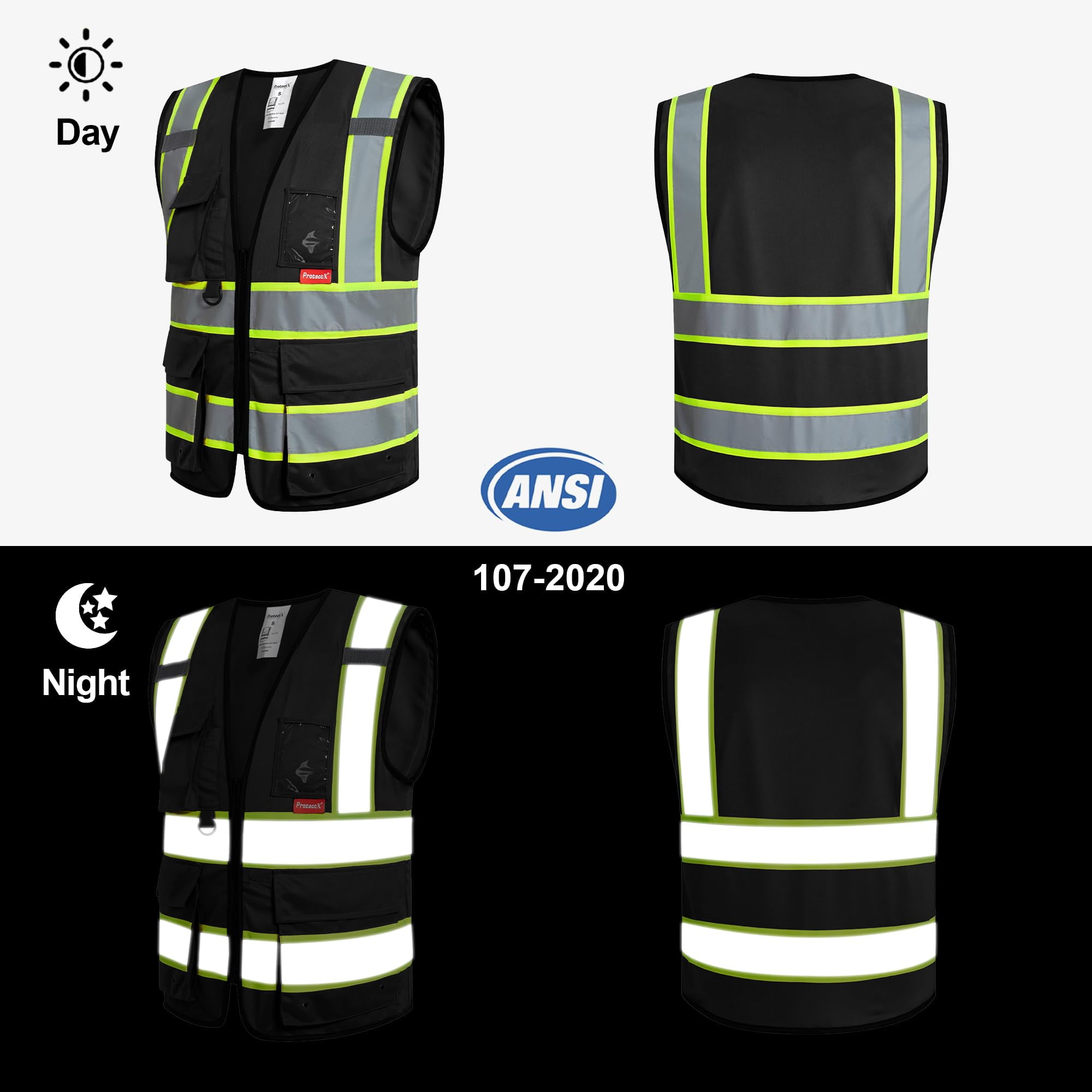 ProtectX Hi Vis Reflective Safety Vest for Men Women High Visibility Construction Work Vest with Pockets Zipper Class 2 Black 4X-Large