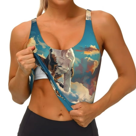 Qokaie Colorful Sky Puppy Pattern Womens Scoop Neck Sports Bra Breathable Workout Vest Padded U Back Medium Impact Fitness Gym Yoga Bra Workout Crop Top