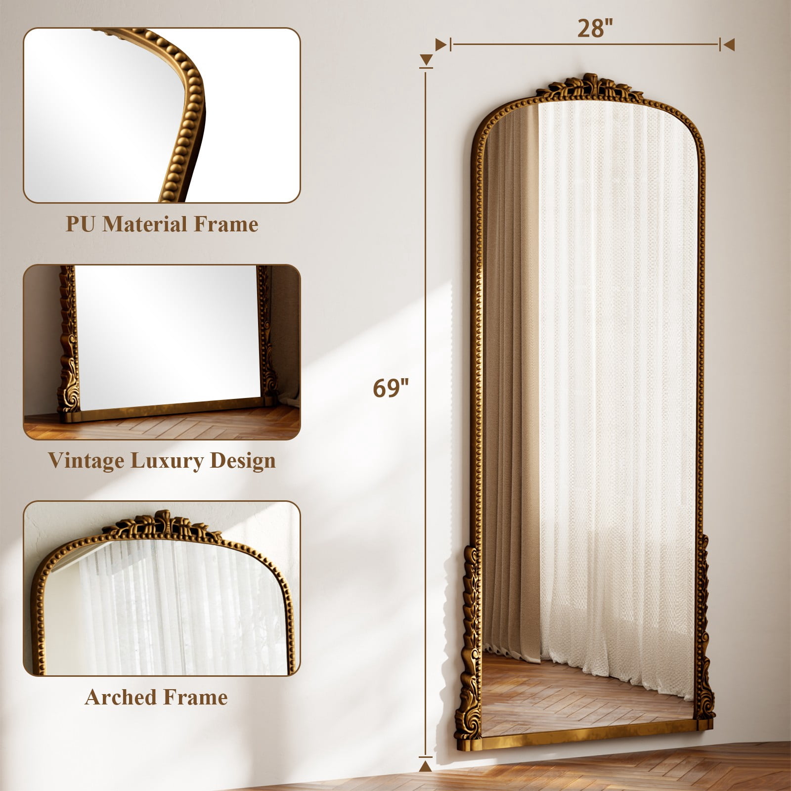 SHATTERVIEW 69"x28" Arched Full Length Mirror Vintage Floor Mirror with Stand Wall-Mounted Mirror, Antique Gold