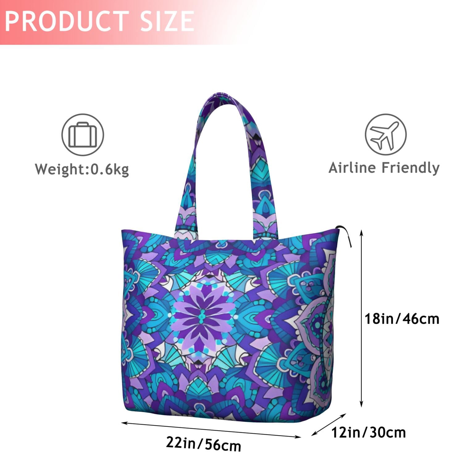 Purple Ethnic Mandala Pattern Travel Tote Bags for Women Carry On,Large Weekender Bags for Women Travel,Multi Functional Duffle Bag for Work,Shopping,Sports