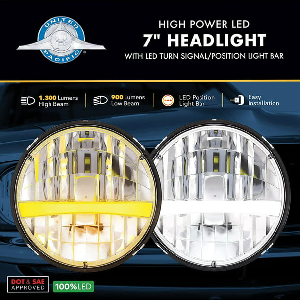 United Pacific 31458 ULTRALIT High Power LED 7-inch Round Headlight w/Turn Signal & Amber Position Light Bar, Solid State Design, DOT/SAE - 1 Unit -
