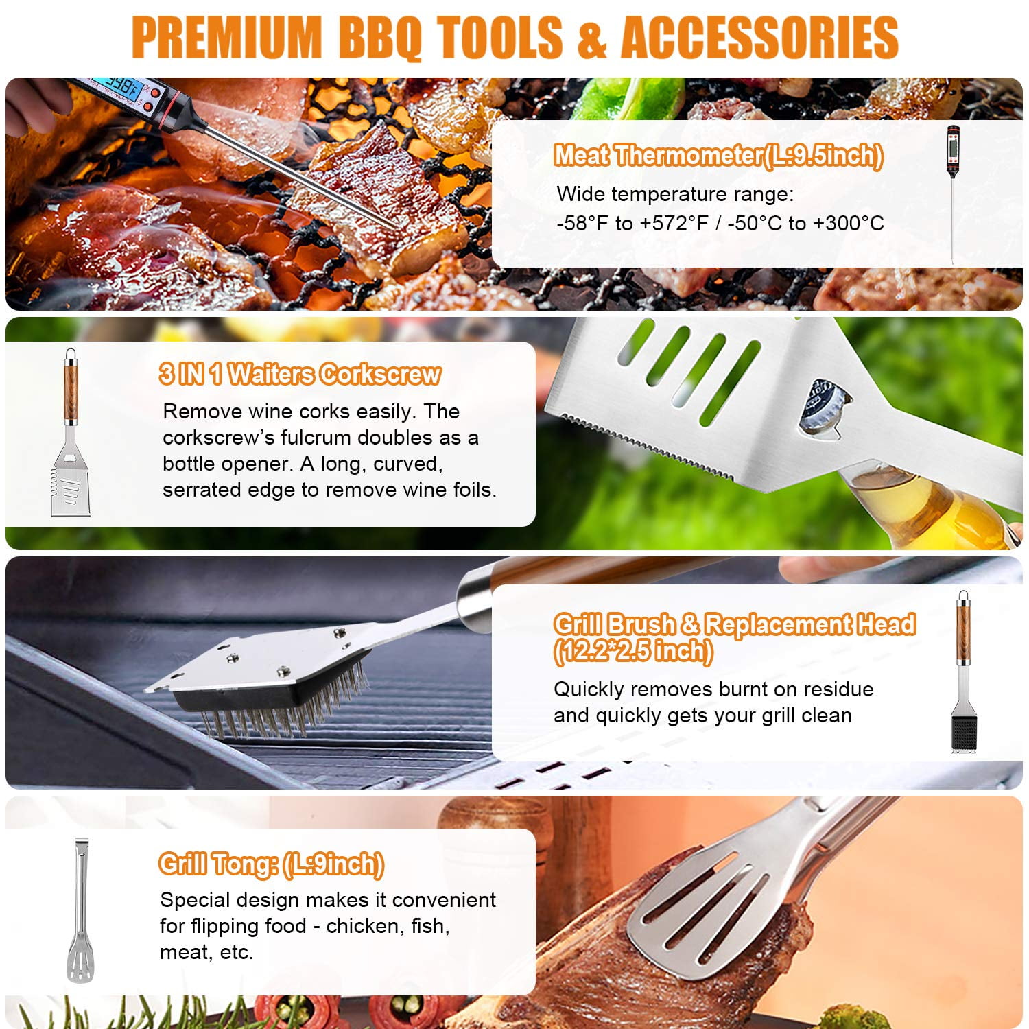 BBQ Grill Tools Set, 32PCS Extra Thick Stainless Steel Grill Accessories  with Long Handles, Carry Case, Grill Utensils Gift for Men Women Camping