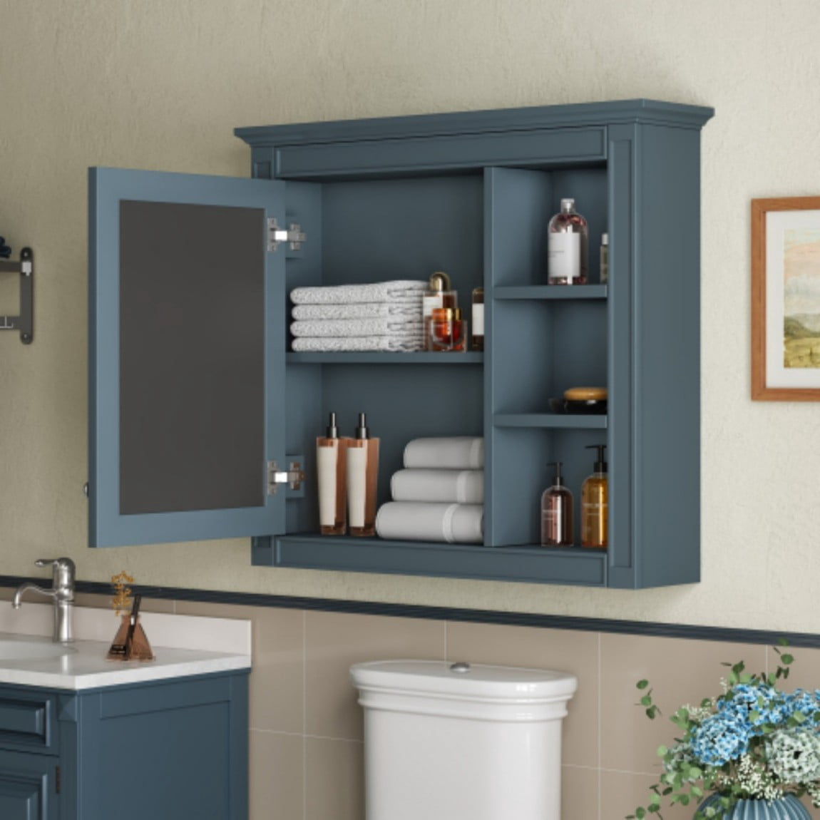 30"x 28" Wall Mounted Bathroom Medicine Cabinet with Mirror, Bathroom Storage Cabinet with Adjustable Shelf & 3 Open Shelves, Modern MDF Mirror Cabinet, Blue
