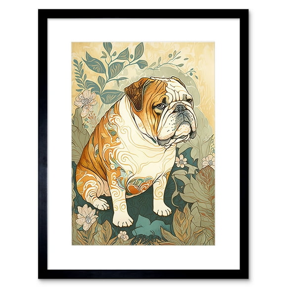 Bulldog with Ornate Pattern Fur Coat in Flower Field Modern Watercolour Illustration Artwork Framed Wall Art Print 9X7 Inch