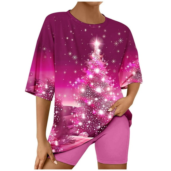 asdoklhq Womens Onesie Pajamas Women'S Christmas Print Crew Neck Short Sleeve Top and Shorts Set Home Wear Multicolor 2X
