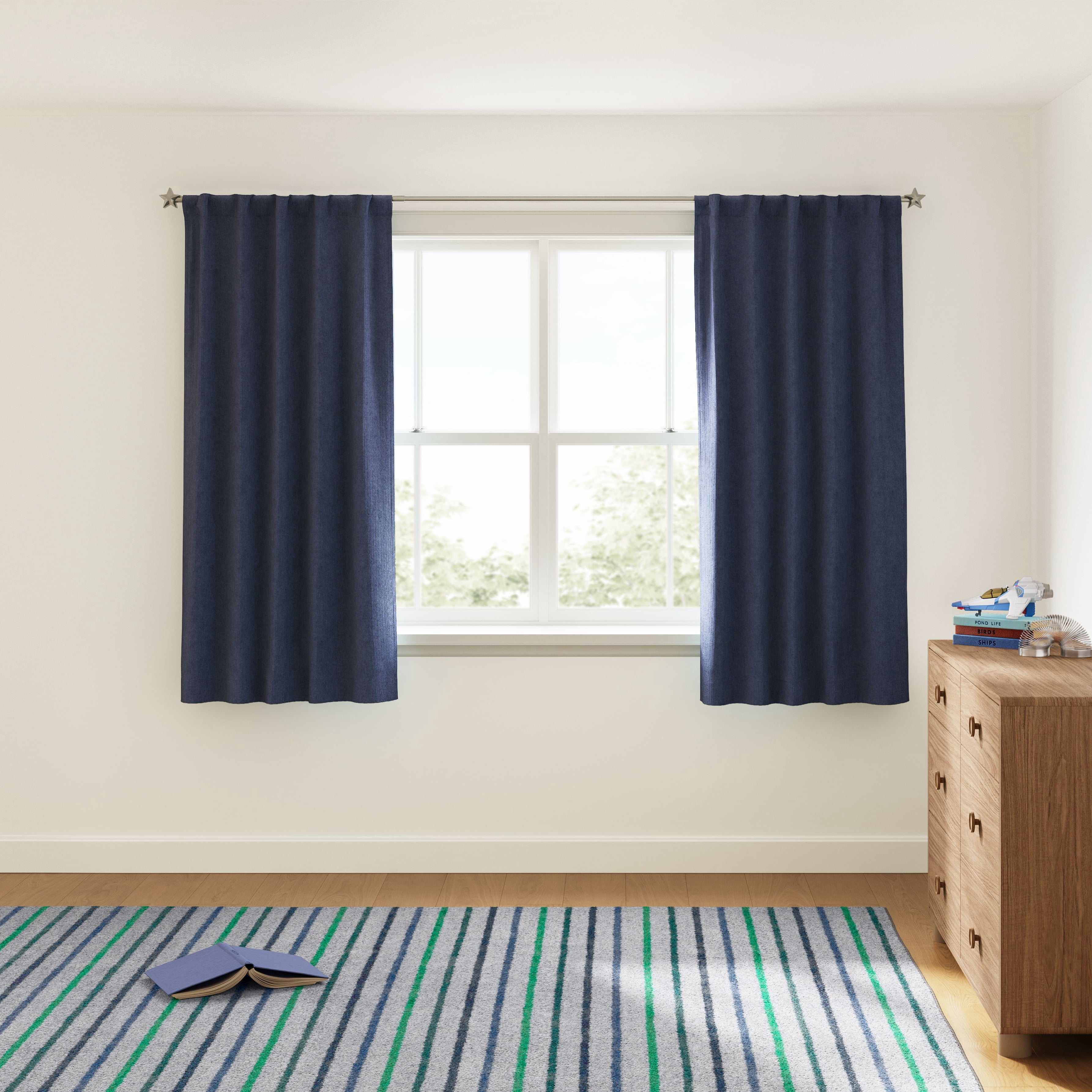 Mainstays Kids Dark Navy Solid Ribbed Corduroy Blackout Rod Pocket with Back Tabs Single Curtain Panel, Set of 1, 38" W x 63" L