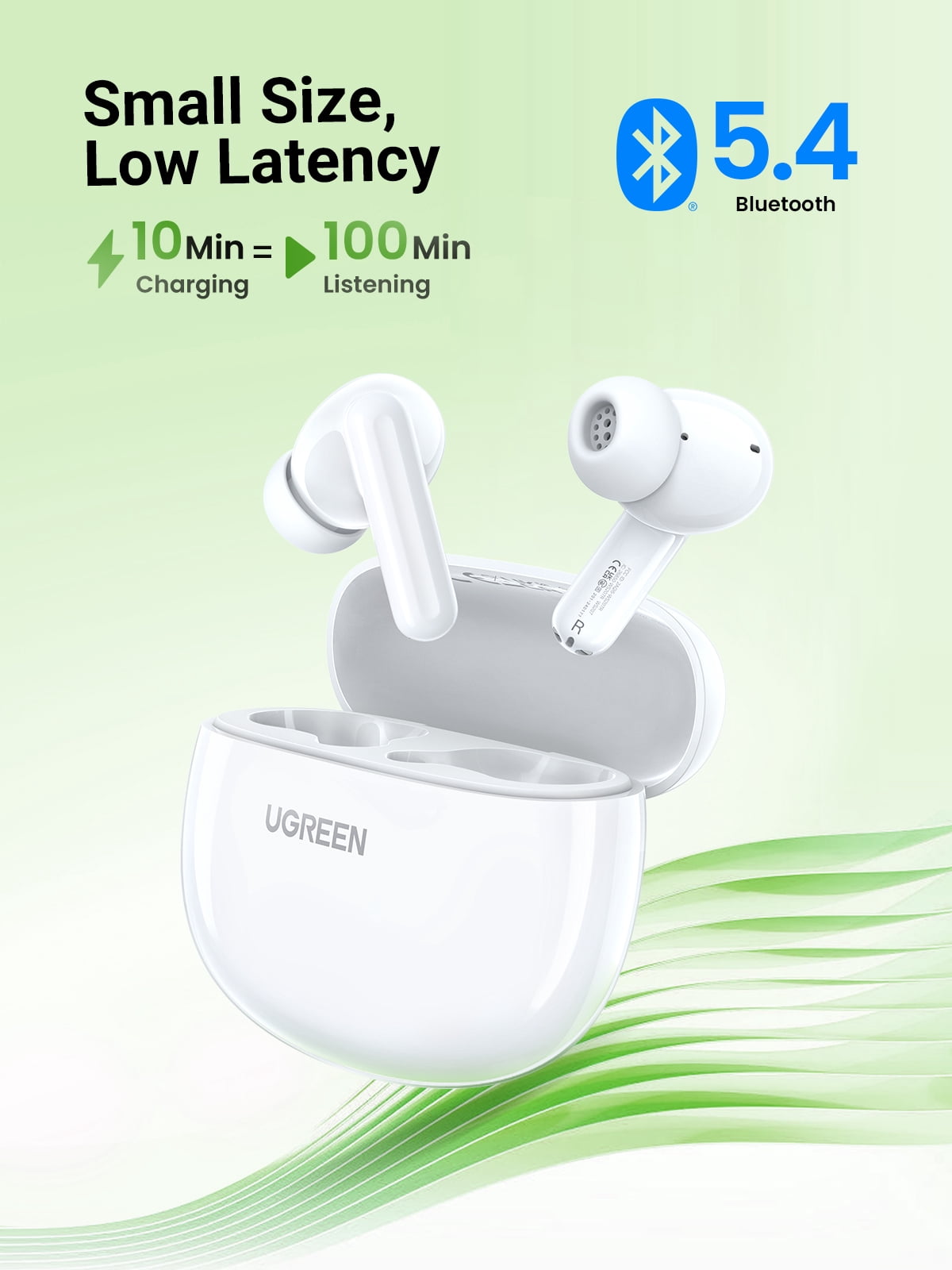 UGREEN True Wireless Earbuds Bluetooth 5.4, 28H Long Battery Life, Fast Charging, 12mm Deep Bass Driver, ENC Noise Cancelling Mic, IPX5 Waterproof, Ultra Light Comfortable Fit, Low Latency Gaming