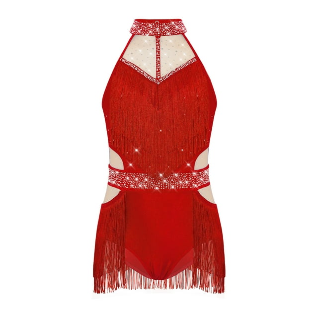 Yhong Robe de Danse Latine à Franges pour Filles, Justaucorps Sans Manches Scintillant, Jupe à Franges, Tenue de Danse Tango Rumba Samba Rouge 6