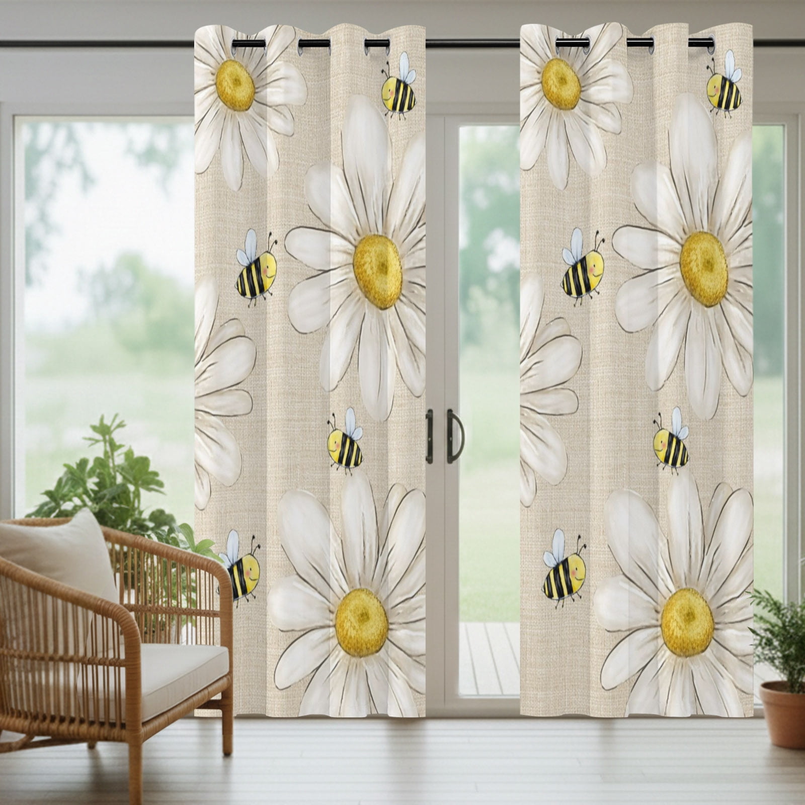 White Daisy Honeybees Outdoor Curtains for Patio, Farmhouse Floral Vintage Minimalist Sunshade Privacy Drapes Grommet Waterproof Outside Curtains for Porch/Cabana/Balcony 54"x 108", 1 Panel