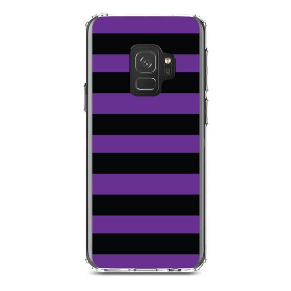 DistinctInk Clear Shockproof Hybrid Case for Samsung Galaxy S9 (5.8" Screen) - TPU Bumper, Acrylic Back, Tempered Glass Screen Protector - Black & Purple Bold Horizontal Stripes