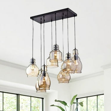AFANQI Black Chandelier 8 Lights, Kitchen Island Lighting Industrial Chandelier with Clear Glass Shade, Farmhouse Pendant Light