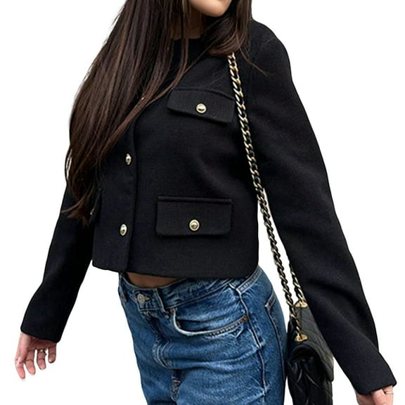 Womens Cropped Blazer Jackets Slim Open Front Crew Neck Long Sleeve Casual Work Office Coat with Pockets Black XL