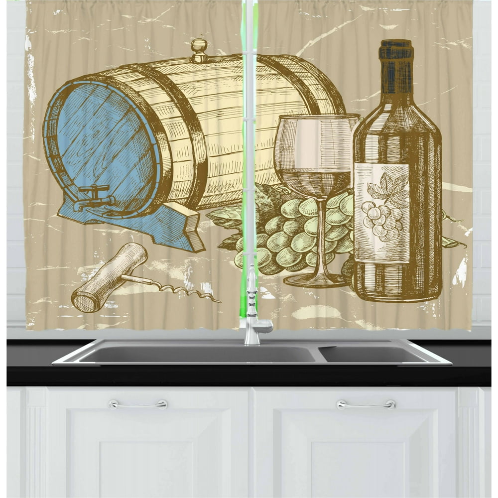 Wine Curtains 2 Panels Set, Vintage Hand Drawn Style IIlustration of