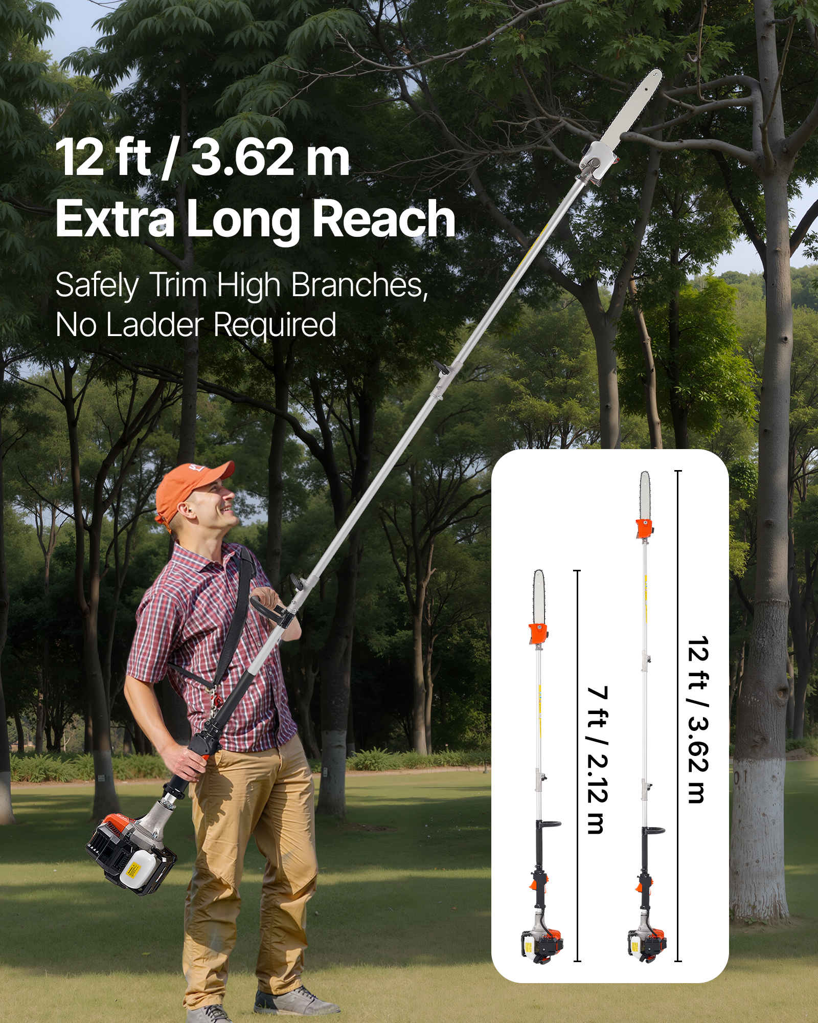 VEVOR Gas Pole Saw, 25CC 2 Stroke Gas Powered Pole Saws with 12 in Cutting Bar, Cordless Tree Trimmer with 23 fl.oz Fuel Tank, 7 to 12 ft Extendable, Powerful Chainsaw for Tree Trimming Pruning