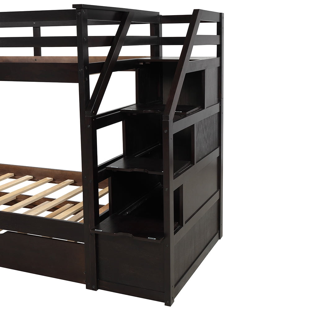 94.4" Twin Bunk Bedd with Trundle and 3 Storage Stairs-Espresso