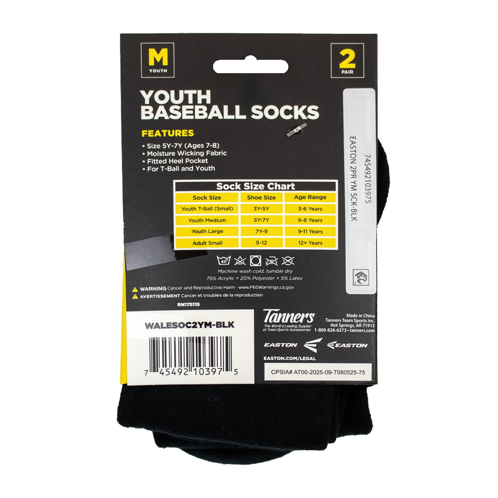 Easton Youth Baseball Socks, 2 Pair (Youth Medium/Black)