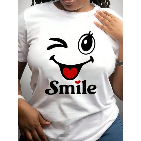 Women's Winking Smile Face Graphic Short‑Sleeve T‑Shirt, Cute Heart Print Crew Neck Casual Lightweight Summer Basic Tee, Ladies Everyday Tops