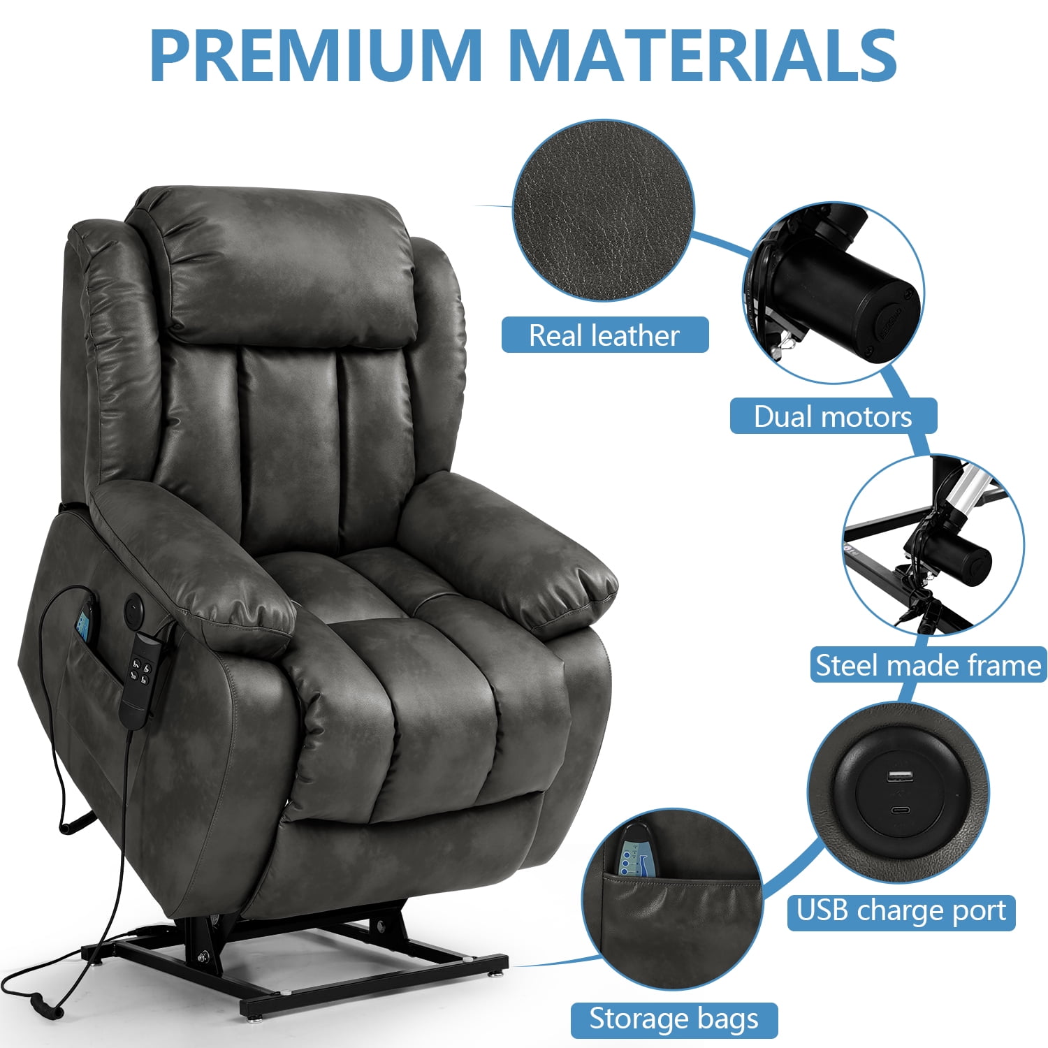 CDCASA Dual Motor Lay Flat Lift Chairs Recliners for Elderly with Massage  and Heat, Breathable Leather Infinite Position Large Sleeping Electric  Power