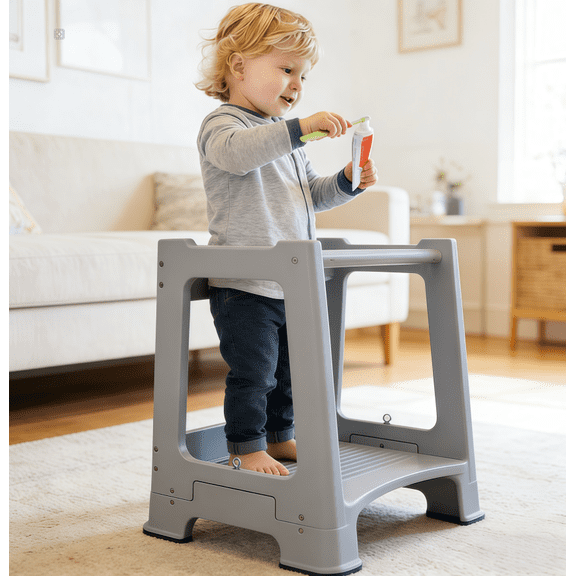 【HOSTK】2-in-1 Convertible Toddler Step Stool Helper, Gray Standing Tower for Kids, Multifunctional Kitchen Counter/Bathroom/Toilet Stool