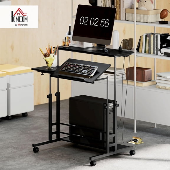 Height Adjustable Standing Desk Converter with Power Outlets and Tiltable Top, Black Rolling Workstation for Home Office