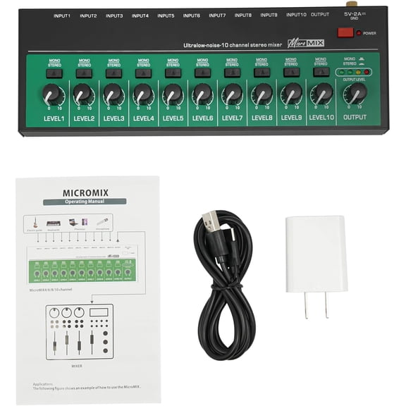 10 Channel Audio Mixer, Mini Music Mixer, DJ Mixers Stereo Mono Switching High Compatibility for KTV Private Rooms Recording Studios