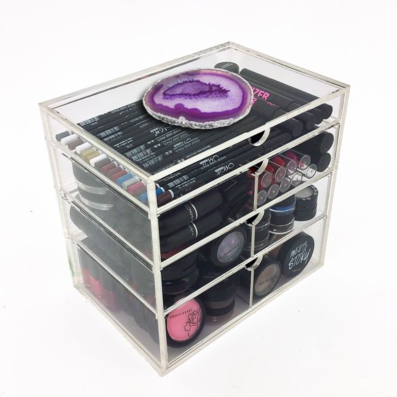OnDisplay 4 Tier NYC Acrylic Cosmetic/Makeup Organizer with Agate Slab - Purple/Silver