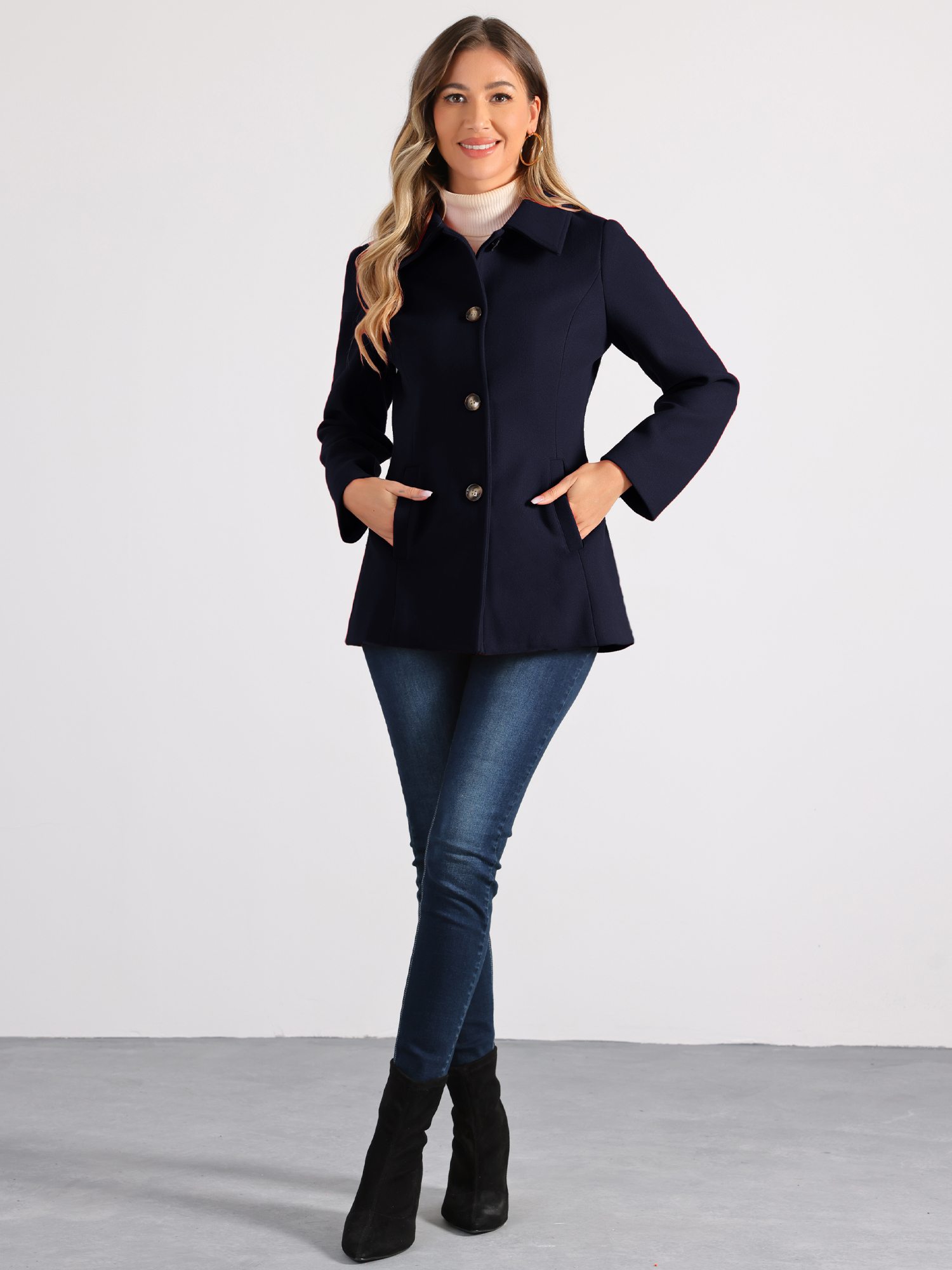 DARING DIVA Women's Peter Pan Collar Single Breasted Solid Overcoats Coat Navy Blue M