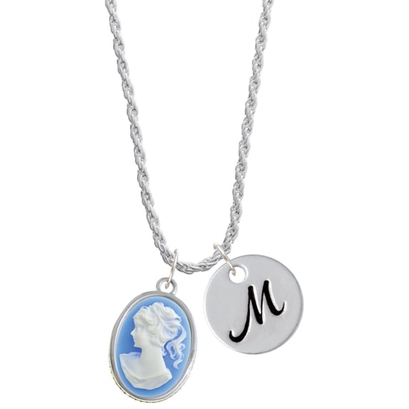 Delight Jewelry Silvertone Small Blue Oval Cameo Silvertone Script Initial Disc - M - Charm Necklace, 20"+3"