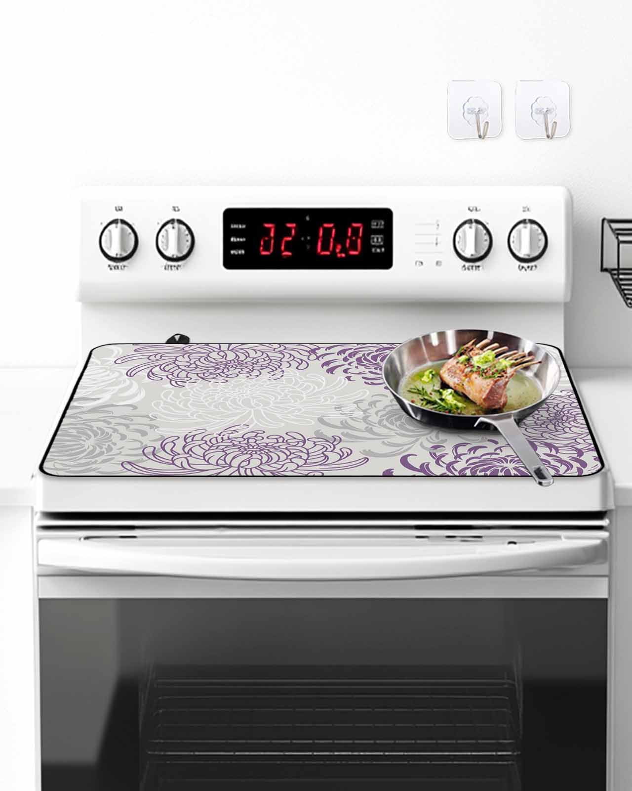 Stove Top Covers for Electric Stove, Purple White Glass Stovetop Cover Protector, Abstract Grey Chrysanthemum Flower Floral Induction Cooktop Protector Oven Mat for Kitchen Countertop 28.5"x20.5"
