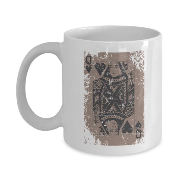 Cool Oldstyle Distressed Queen Of Hearts Playing Cards Coffee & Tea Gift Mug Cup For Card Game Players, Magicians, Illusionists, Magic Tricks Performers, Street Magician, Men & Women Magic Lovers