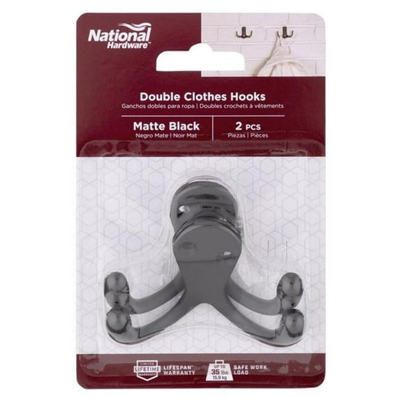 National Hardware 5060144 2.88 in. Medium Matte Black Metal Double Hook - 35 lbs - 2 per Pack - Pack of 5