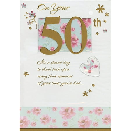 Designer Greetings Foil 50th with Die Cut Floral Window Age 50 / 50th Birthday Card for